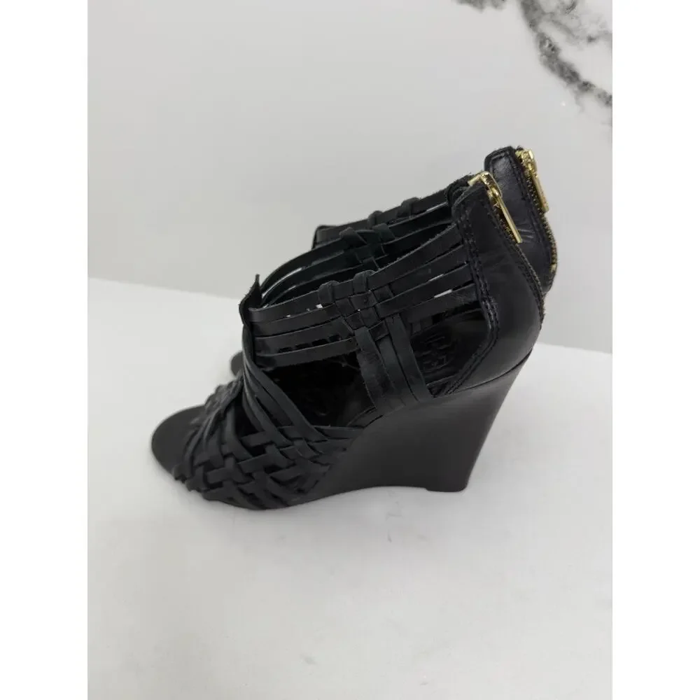 Tory Burch Tevray Huarache Black Wedge Strappy Leather Sandals Women's Size 9